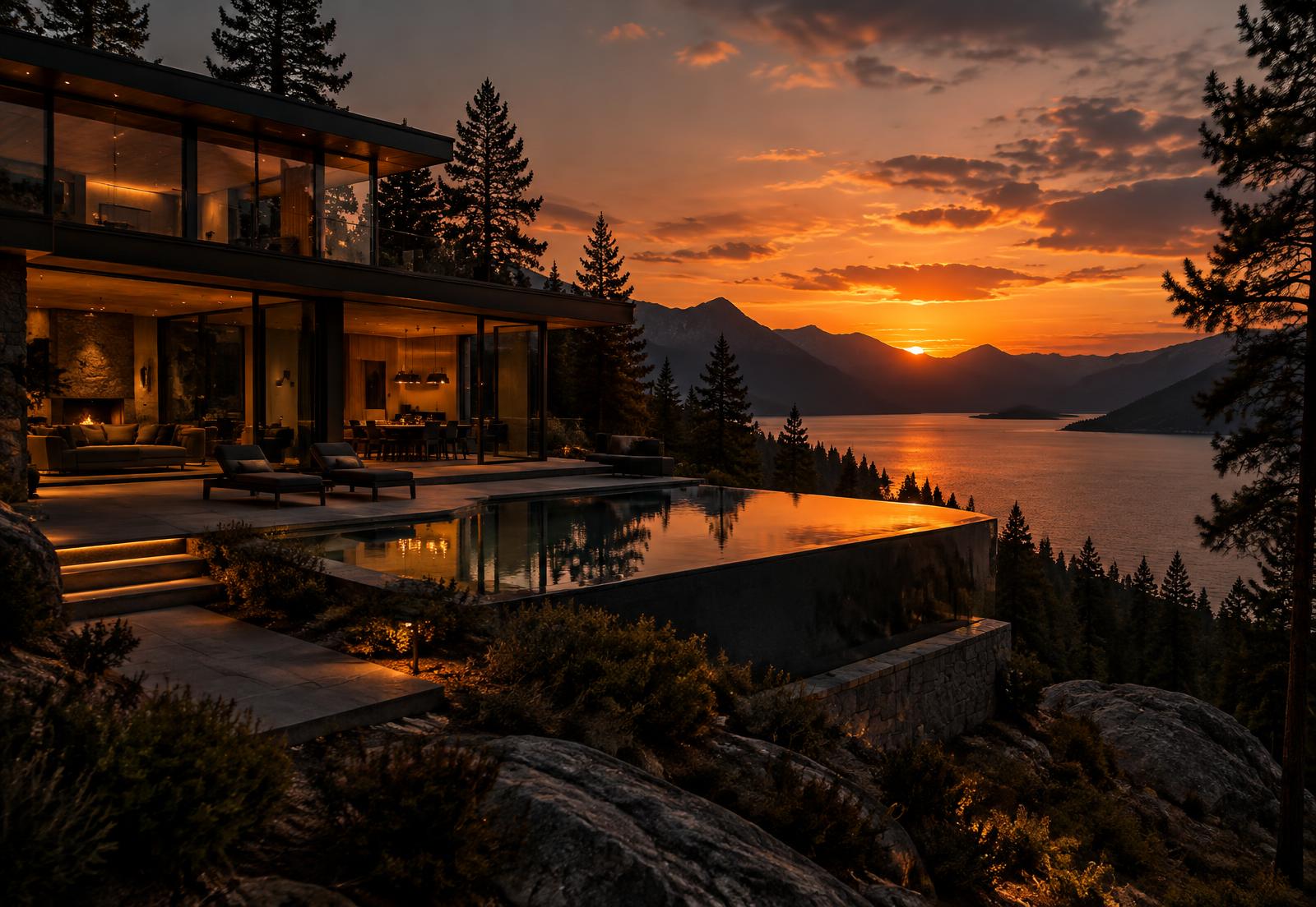 Modern hillside home with a pool at sunset